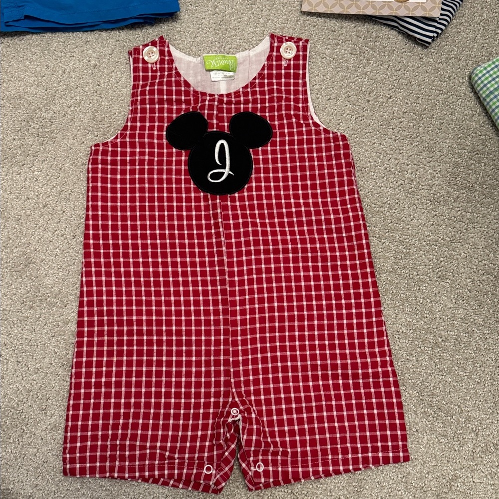 Red Plaid Kids Sleeveless Romper with Black Patch Accent